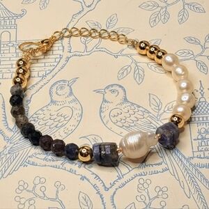 Genuine Natural  Sapphire & Baroque Pearl In Artisan Handctafted  Bead Bracelet